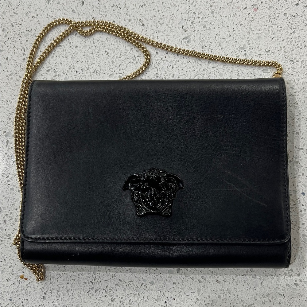 Versace Black Leather Clutch with Gold Chain